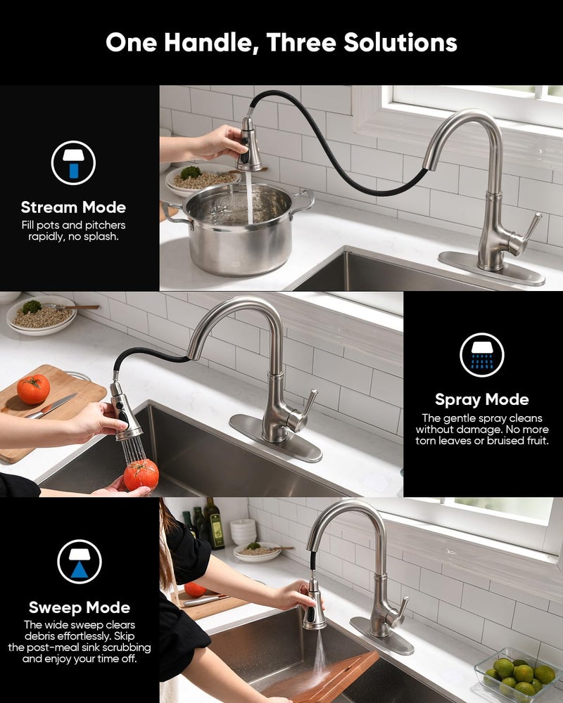 WEWE Vintage Kitchen Faucet with Pull Down Sprayer, Stainless Steel 1 or 3 Hole High Arc Single Handle Antique Sink Faucet for Classic Modern Ktichen, Brushed Nickel Bar & Prep Sinks - Image 5